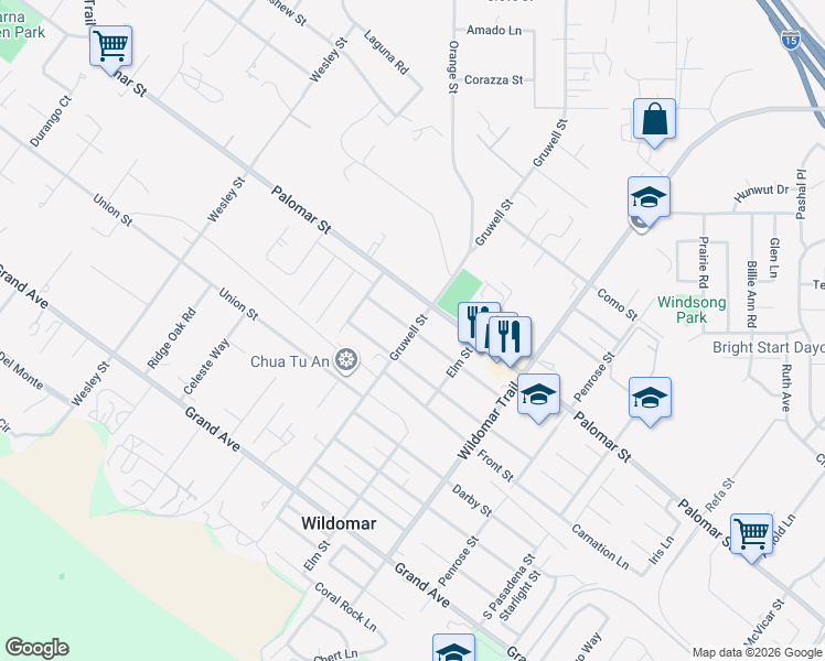 map of restaurants, bars, coffee shops, grocery stores, and more near Gruwell Street in Wildomar