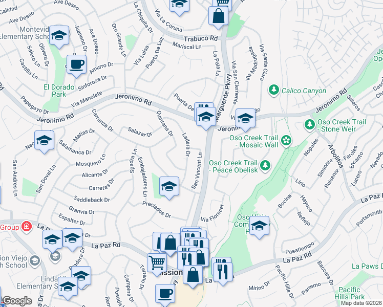map of restaurants, bars, coffee shops, grocery stores, and more near 24686 Ladera Drive in Mission Viejo