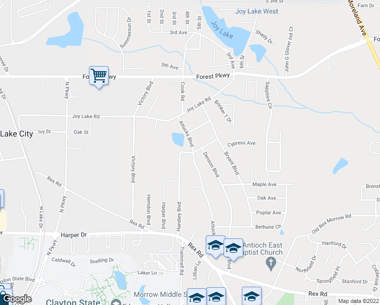 map of restaurants, bars, coffee shops, grocery stores, and more near Paradise Lake Avenue in Clayton County