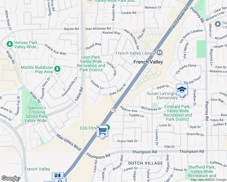 map of restaurants, bars, coffee shops, grocery stores, and more near 35547 Date Palm Street in Winchester