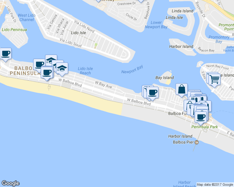 map of restaurants, bars, coffee shops, grocery stores, and more near 820 West Balboa Boulevard in Newport Beach
