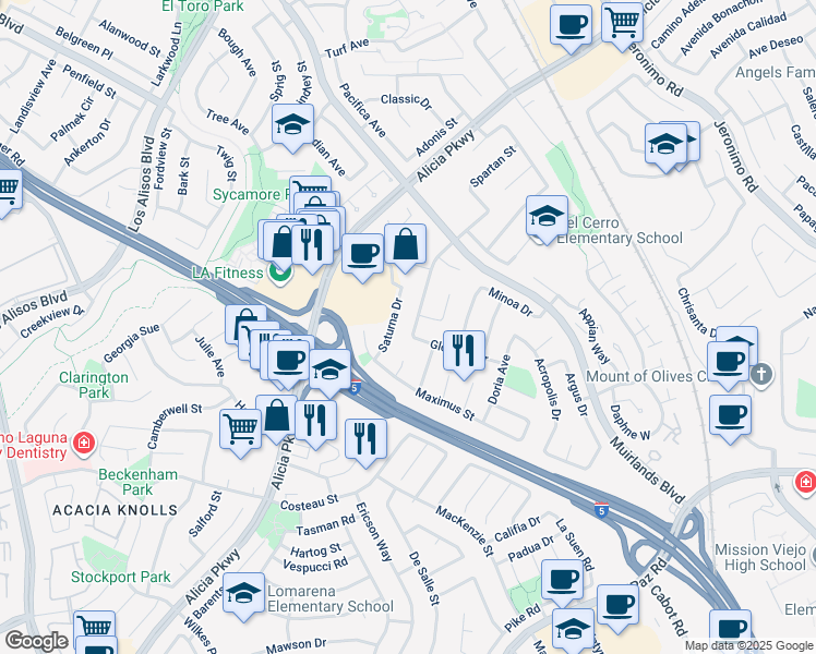 map of restaurants, bars, coffee shops, grocery stores, and more near 24591 Spartan Street in Mission Viejo