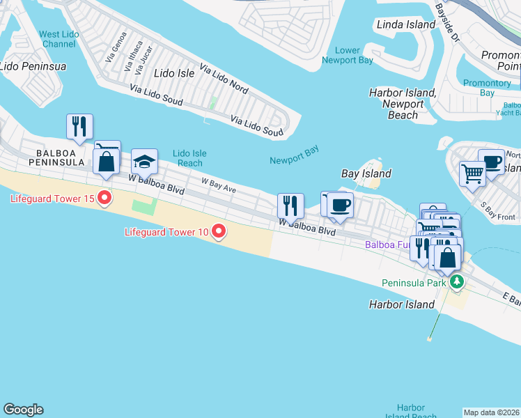 map of restaurants, bars, coffee shops, grocery stores, and more near 820 West Balboa Boulevard in Newport Beach