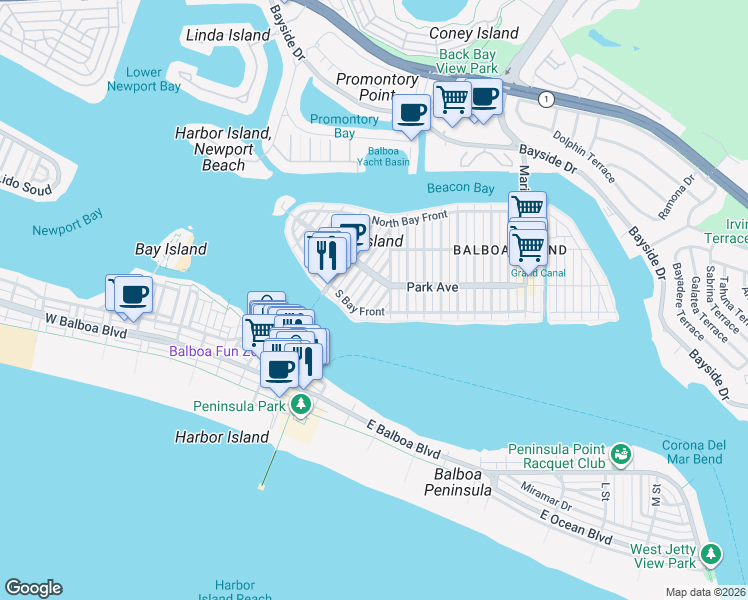 map of restaurants, bars, coffee shops, grocery stores, and more near 528 South Bay Front in Newport Beach