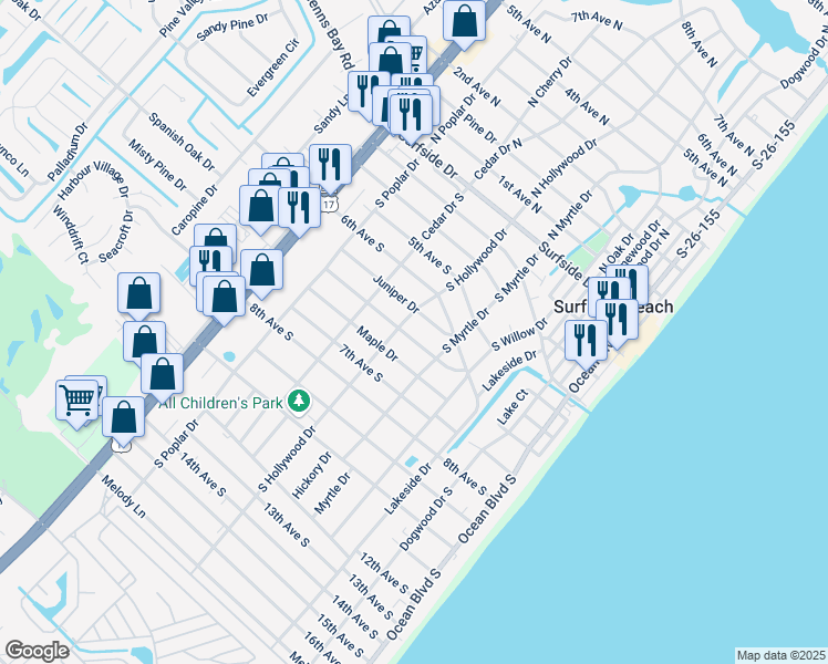 map of restaurants, bars, coffee shops, grocery stores, and more near in Surfside Beach