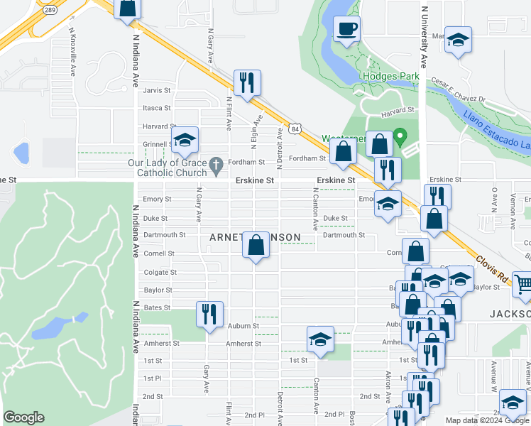 map of restaurants, bars, coffee shops, grocery stores, and more near 2910 Dartmouth Street in Lubbock