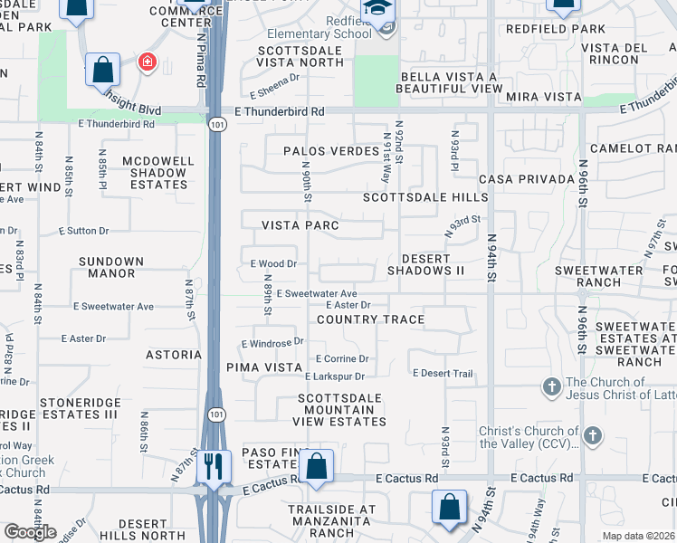 map of restaurants, bars, coffee shops, grocery stores, and more near 9093 East Captain Dreyfus Avenue in Scottsdale