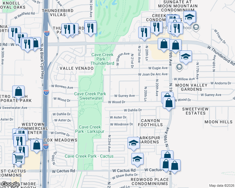 map of restaurants, bars, coffee shops, grocery stores, and more near 2218 West Wood Drive in Phoenix