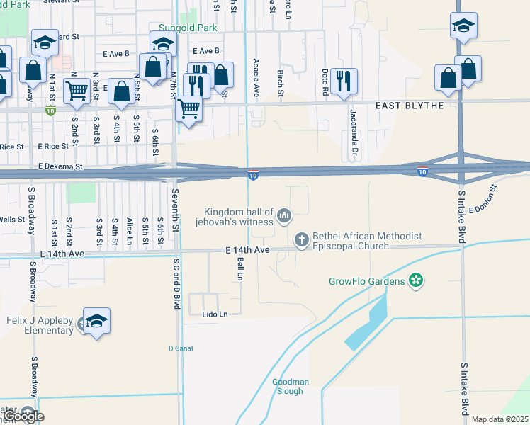 map of restaurants, bars, coffee shops, grocery stores, and more near 441 River Valley Avenue in Blythe