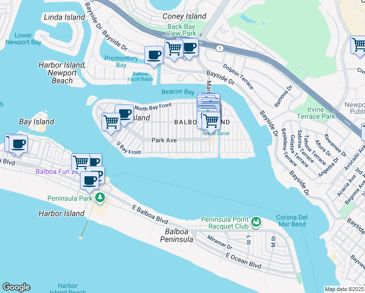 map of restaurants, bars, coffee shops, grocery stores, and more near 1002 South Bay Front in Newport Beach