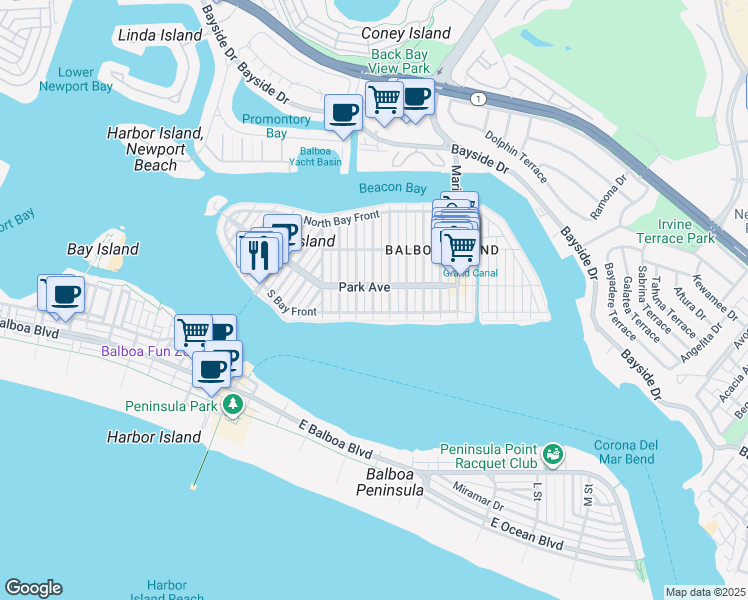 map of restaurants, bars, coffee shops, grocery stores, and more near 800 South Bay Front in Newport Beach