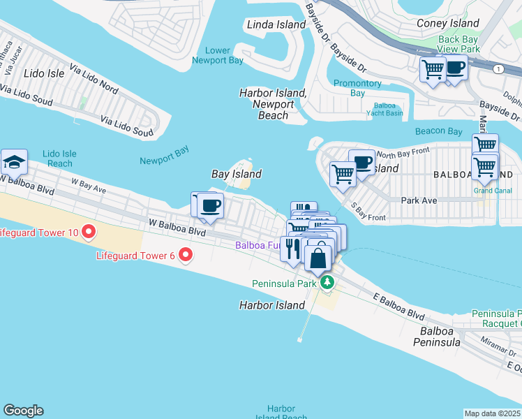 map of restaurants, bars, coffee shops, grocery stores, and more near 315 Fernando Street in Newport Beach