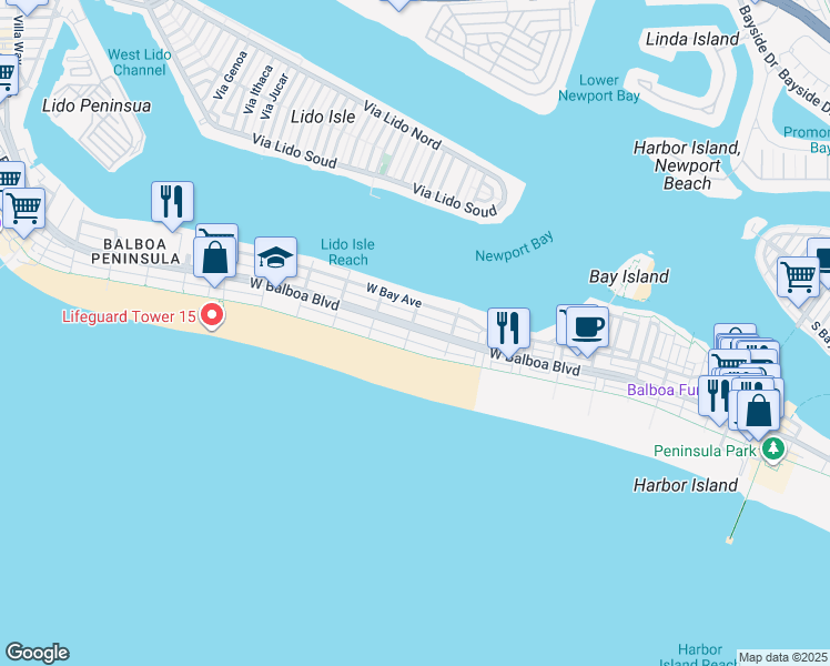 map of restaurants, bars, coffee shops, grocery stores, and more near 930 West Oceanfront in Newport Beach