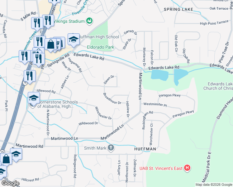map of restaurants, bars, coffee shops, grocery stores, and more near 1006 Broadmoor Drive in Birmingham
