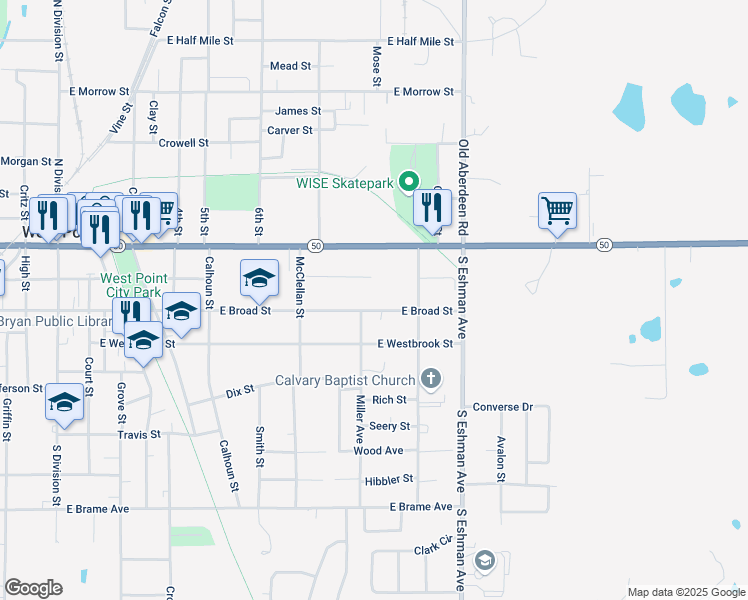 map of restaurants, bars, coffee shops, grocery stores, and more near 1022-1098 E Broad St in West Point