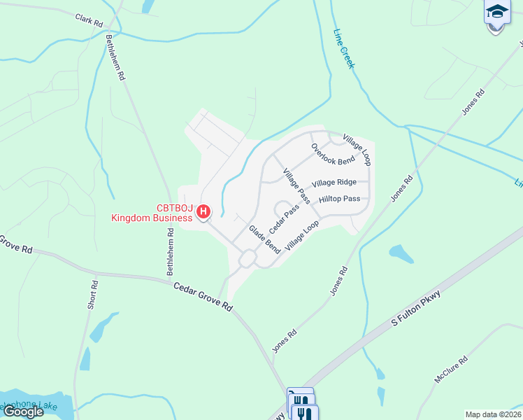 map of restaurants, bars, coffee shops, grocery stores, and more near 5878 Village Loop in Fairburn