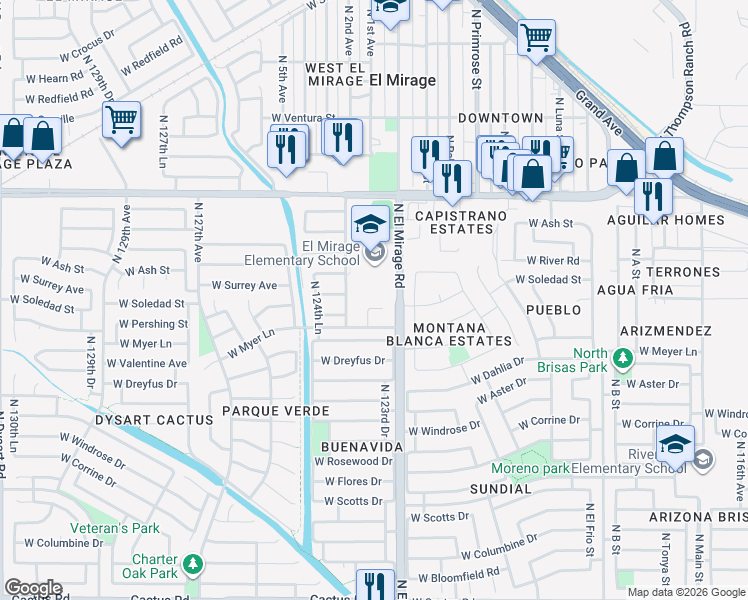 map of restaurants, bars, coffee shops, grocery stores, and more near 13305 North 123rd Lane in El Mirage