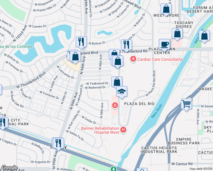 map of restaurants, bars, coffee shops, grocery stores, and more near 9706 West Hawthorn Court in Sun City