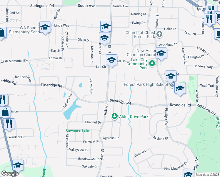 map of restaurants, bars, coffee shops, grocery stores, and more near 5497 Alder Drive in Forest Park