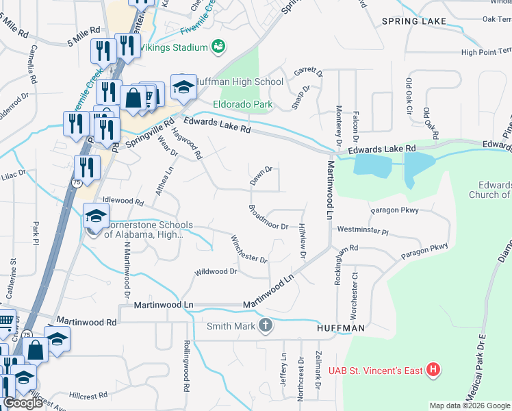 map of restaurants, bars, coffee shops, grocery stores, and more near 1005 Dawn Drive in Birmingham