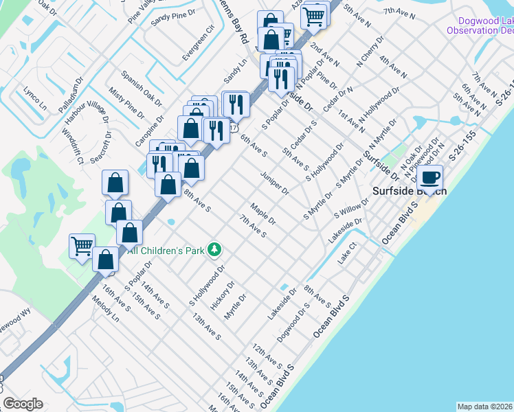 map of restaurants, bars, coffee shops, grocery stores, and more near 612 South Hollywood Drive in Myrtle Beach