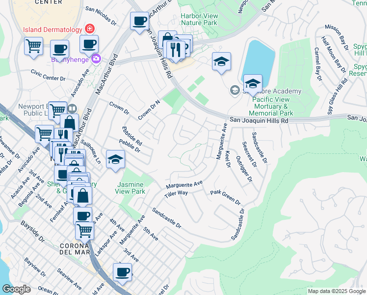 map of restaurants, bars, coffee shops, grocery stores, and more near 8 Barrier Reef Drive in Newport Beach
