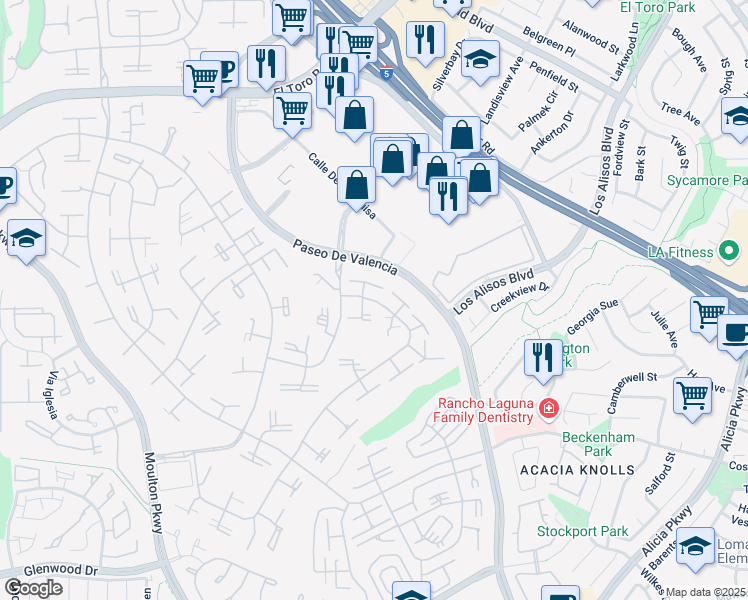 map of restaurants, bars, coffee shops, grocery stores, and more near 211 Avenida Majorca in Laguna Woods