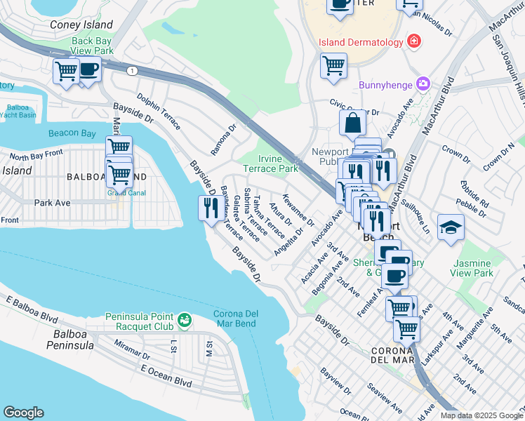 map of restaurants, bars, coffee shops, grocery stores, and more near 1901 Altura Drive in Newport Beach