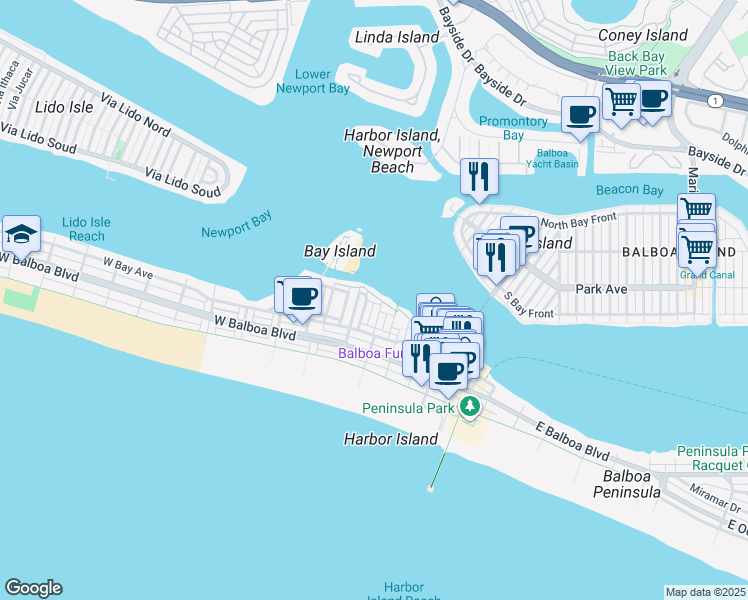 map of restaurants, bars, coffee shops, grocery stores, and more near 211 Edgewater Place in Newport Beach