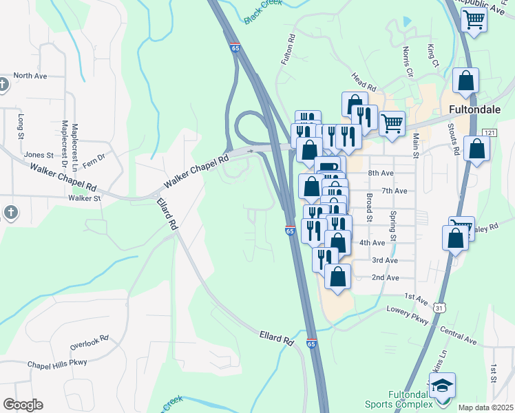 map of restaurants, bars, coffee shops, grocery stores, and more near 200 Stoney Brook Lane in Fultondale
