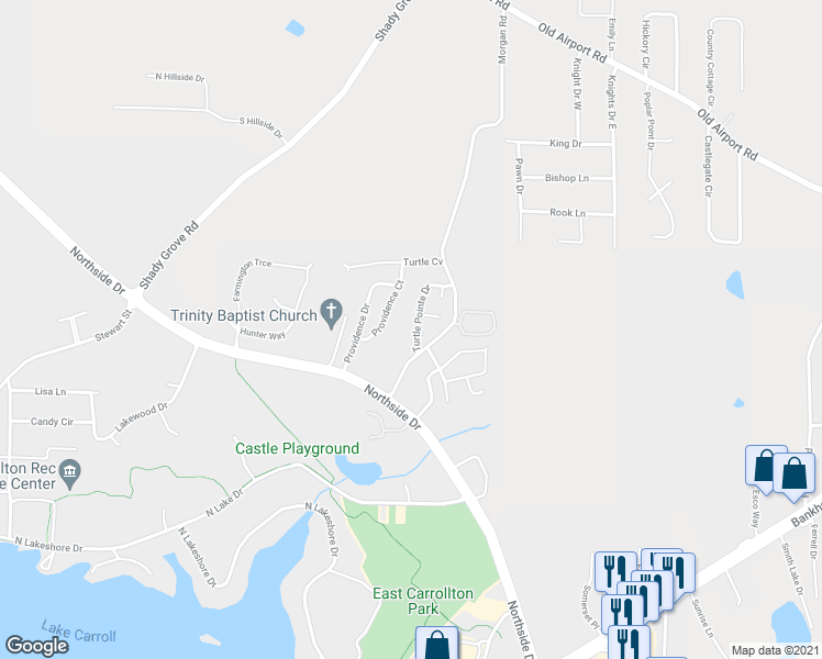 map of restaurants, bars, coffee shops, grocery stores, and more near 202 Turtle Pointe Drive in Carrollton