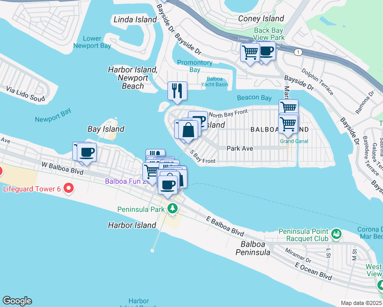 map of restaurants, bars, coffee shops, grocery stores, and more near 2 South Bay Front in Newport Beach