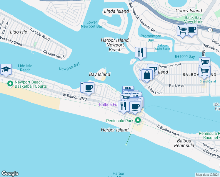 map of restaurants, bars, coffee shops, grocery stores, and more near 211 Edgewater Place in Newport Beach
