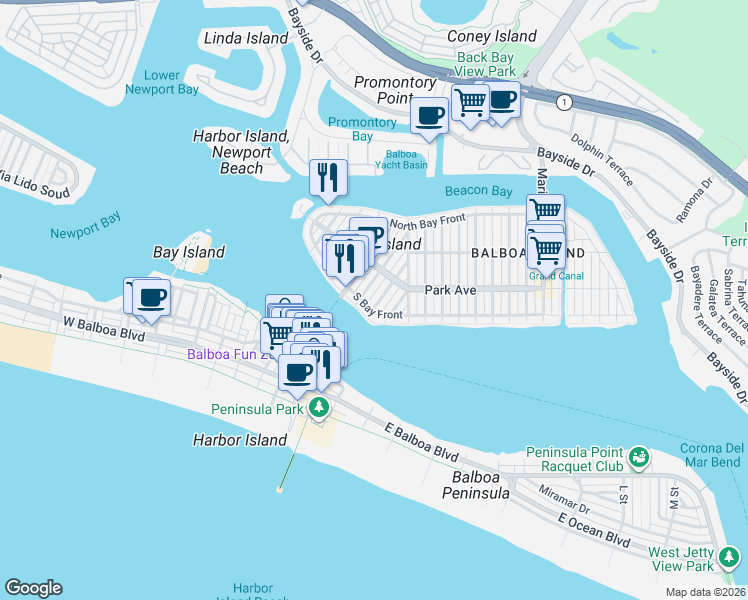 map of restaurants, bars, coffee shops, grocery stores, and more near 115 Topaz Avenue in Newport Beach