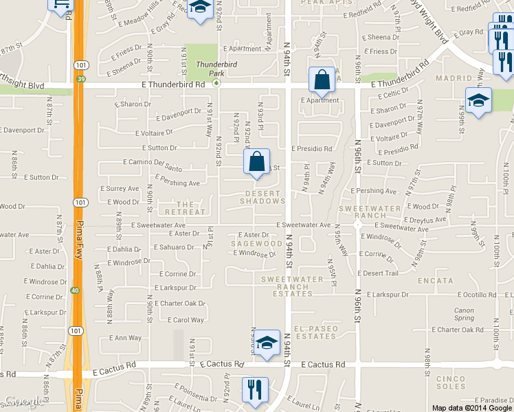 map of restaurants, bars, coffee shops, grocery stores, and more near 9309 East Pershing Avenue in Scottsdale
