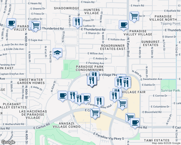 map of restaurants, bars, coffee shops, grocery stores, and more near 4444 East Paradise Village Parkway North in Phoenix