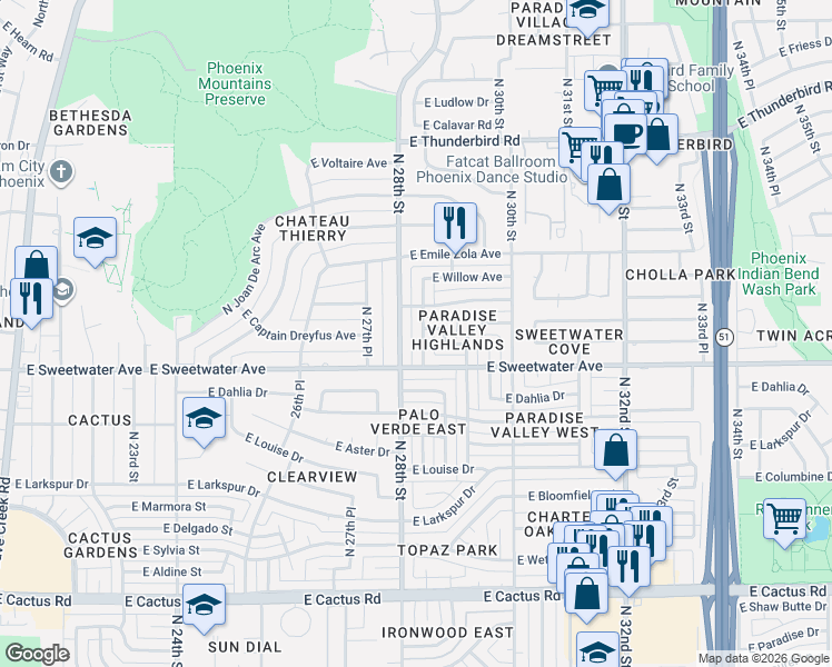 map of restaurants, bars, coffee shops, grocery stores, and more near 13049 North 28th Street in Phoenix