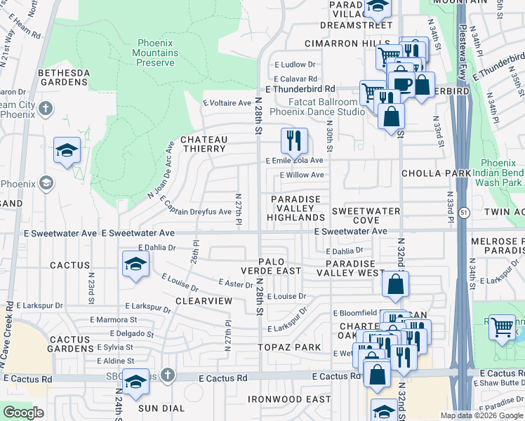 map of restaurants, bars, coffee shops, grocery stores, and more near 13049 North 28th Street in Phoenix