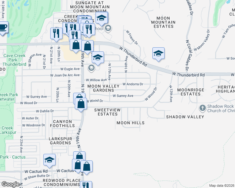 map of restaurants, bars, coffee shops, grocery stores, and more near 1634 West Pershing Avenue in Phoenix