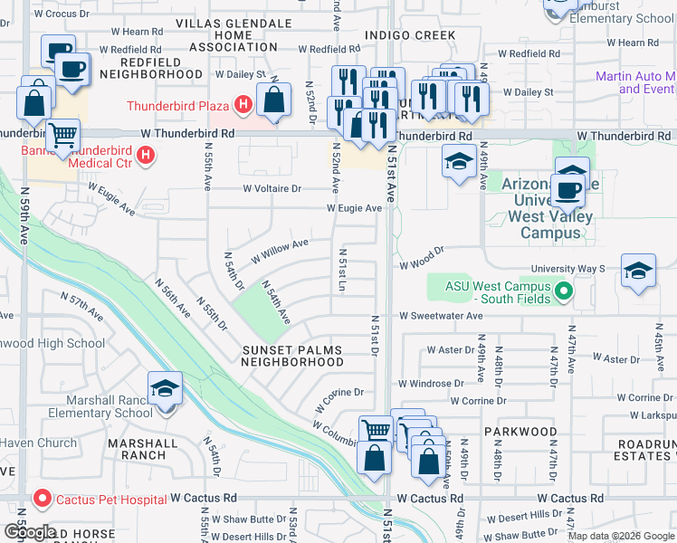 map of restaurants, bars, coffee shops, grocery stores, and more near 5204 West Pershing Avenue in Glendale
