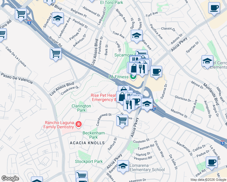 map of restaurants, bars, coffee shops, grocery stores, and more near 24971 Sara Lane in Laguna Hills
