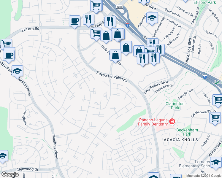 map of restaurants, bars, coffee shops, grocery stores, and more near 128 Avenida Majorca in Laguna Woods