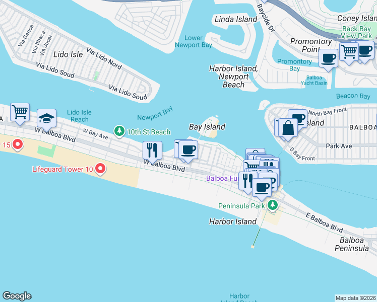 map of restaurants, bars, coffee shops, grocery stores, and more near 501 Buena Vista Boulevard in Newport Beach