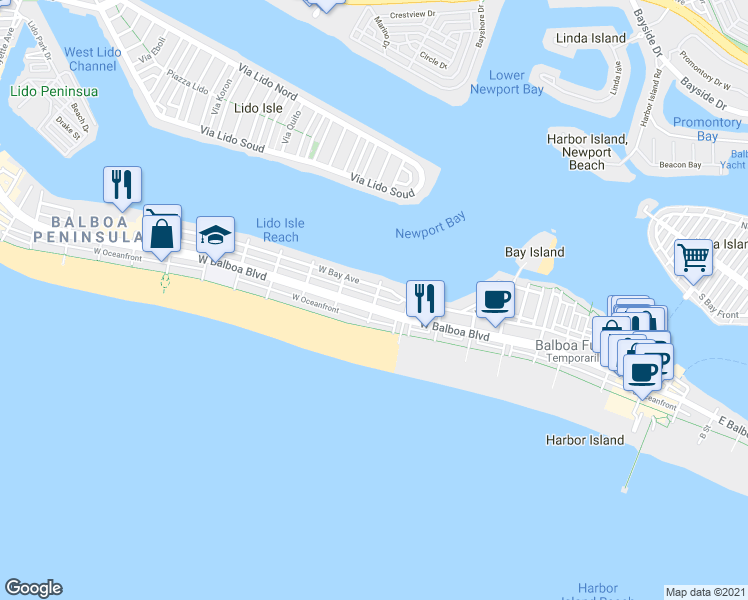 map of restaurants, bars, coffee shops, grocery stores, and more near 908 West Bay Avenue in Newport Beach