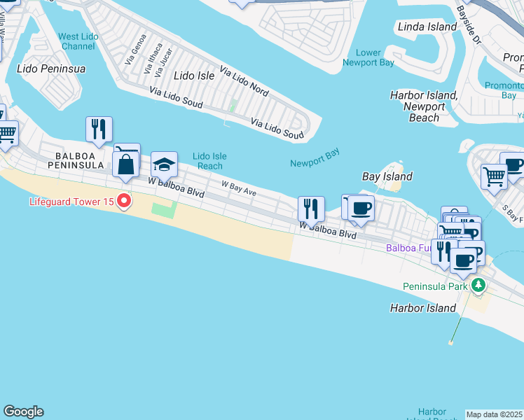 map of restaurants, bars, coffee shops, grocery stores, and more near 908 West Bay Avenue in Newport Beach