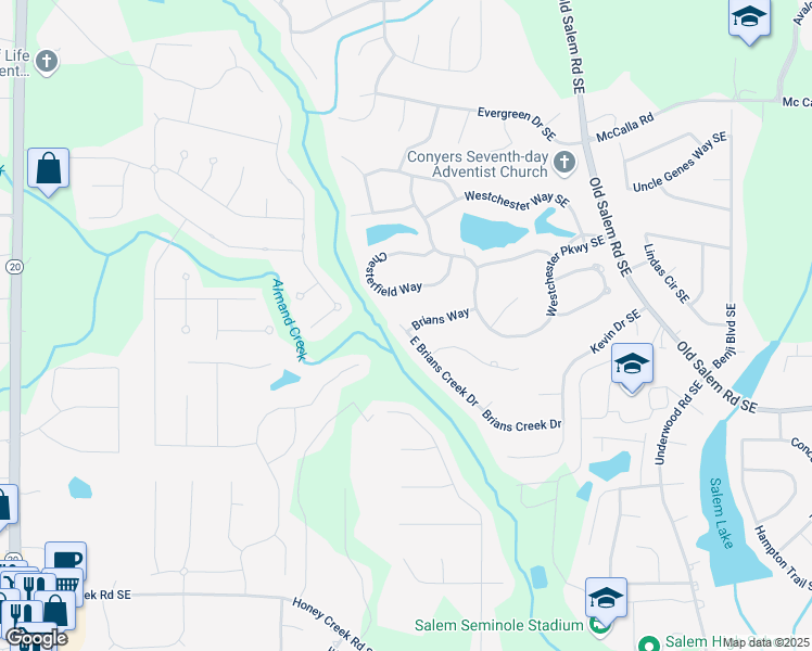 map of restaurants, bars, coffee shops, grocery stores, and more near 3113 Brians Creek Drive in Conyers