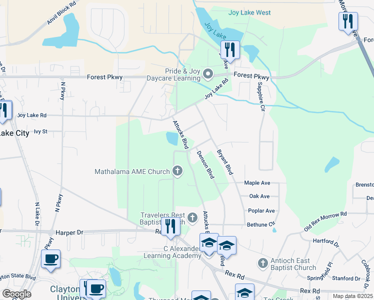 map of restaurants, bars, coffee shops, grocery stores, and more near Paradise Lake Avenue in Clayton County