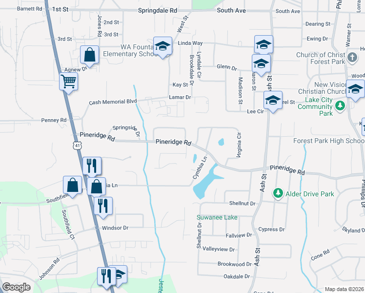 map of restaurants, bars, coffee shops, grocery stores, and more near 558 Pineridge Road in Forest Park