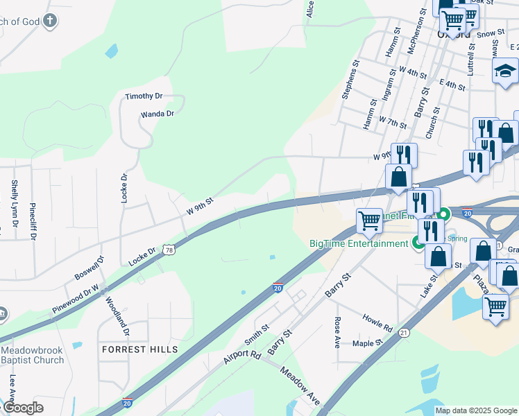 map of restaurants, bars, coffee shops, grocery stores, and more near 205 Hamric Drive West in Oxford