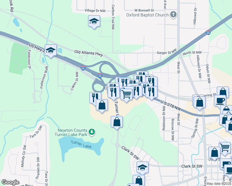 map of restaurants, bars, coffee shops, grocery stores, and more near 7143 Turner Lake Road Northwest in Covington